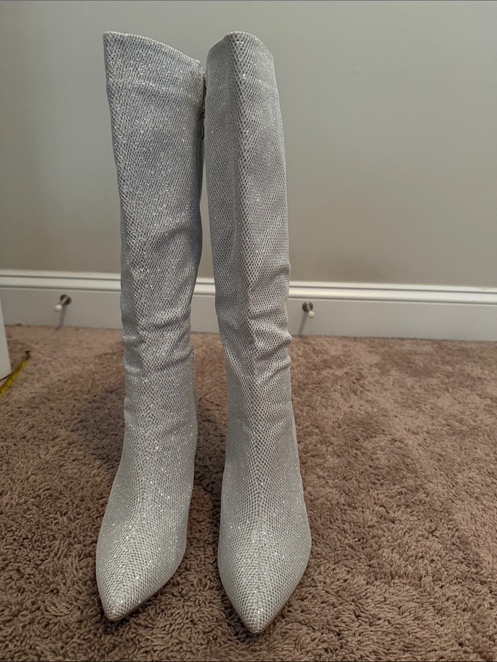 Silver Glitter Over-the-Knee Pointed Toe Boots